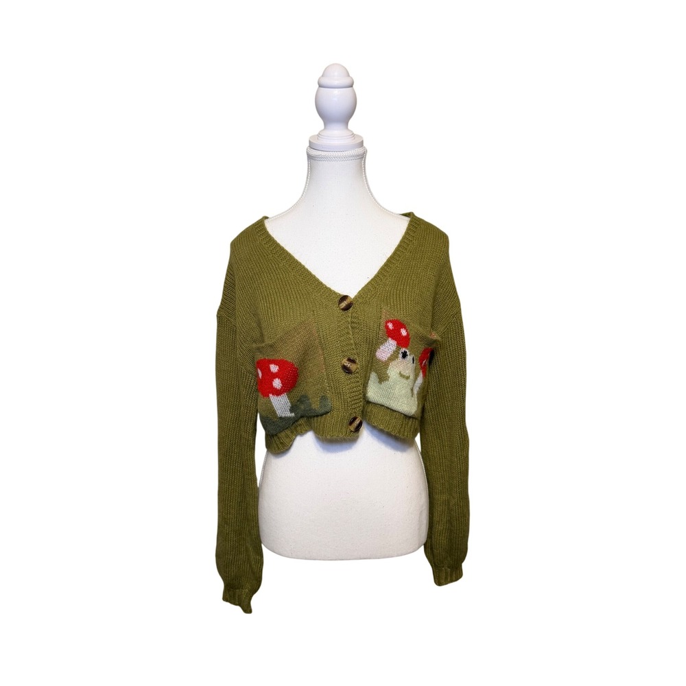 Frog Mushroom Knit Cardigan Cropped Oversized Fairycore Green M Romwe